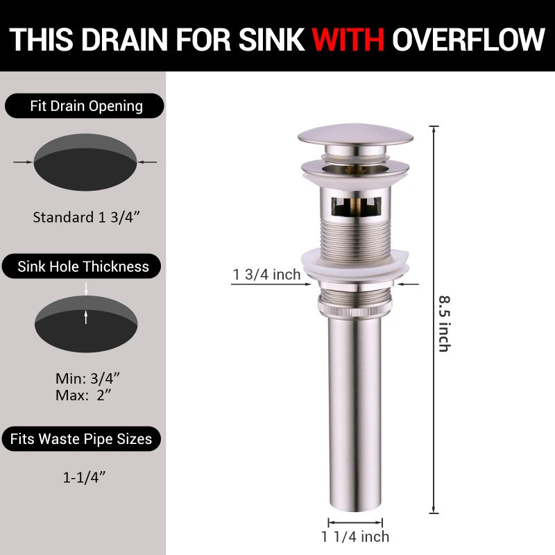 Yodel Faucet Bathroom Sink Drain with Overflow - Big Cap Pop up Drain Fit for Large Undermount Sink with Standard 1 3/4" Drain Opening,Brushed Nickel,YDPOP-3 - Image 5